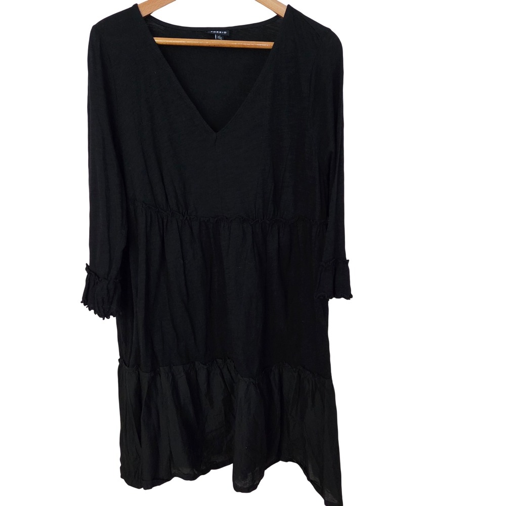 Torrid Black Cotton Gauze V-Neck Tiered Ruffle Mini Dress Plus Sz 1 Witchy Boho